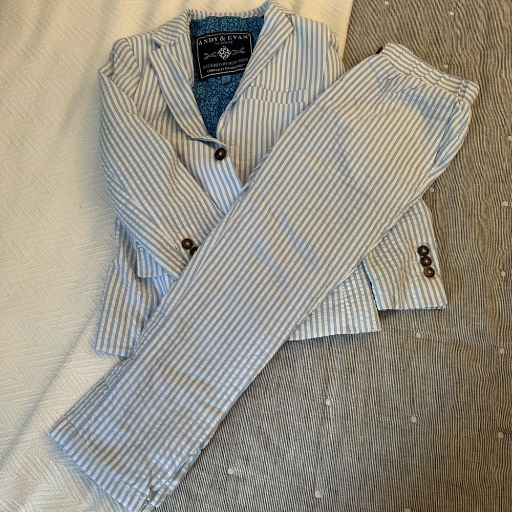 Andy & Evan Light Blue Striped Blazer and Pants Set